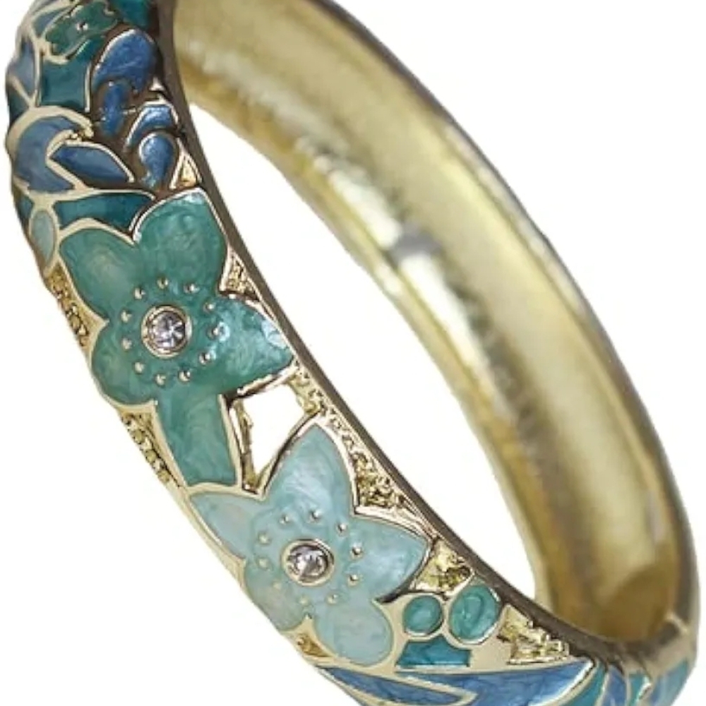 Floral Gold and Blue Bangle Bracelet